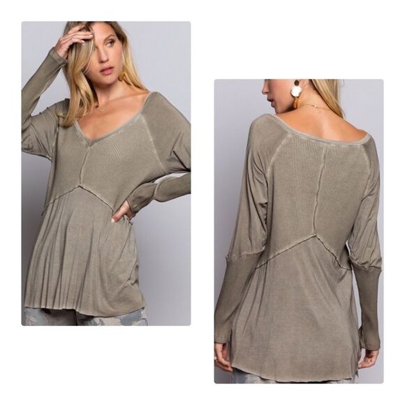 LONG Sleeve Top with Ribbed Detail Light Wash - Picture 8 of 14
